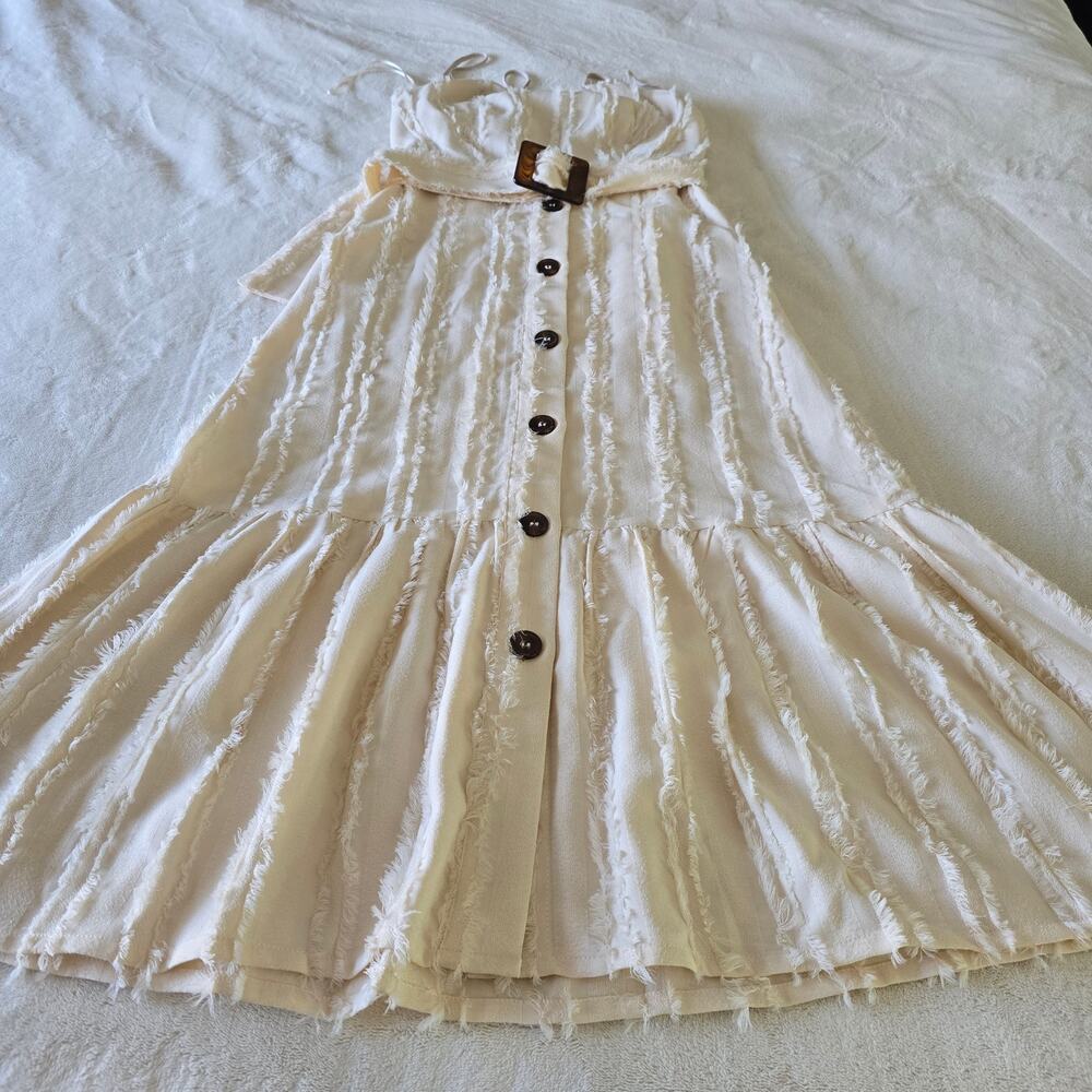 Moon River Cream Fringe Midi Dress XS Belted Button Front Coquette Bridal Resort - Picture 6 of 12